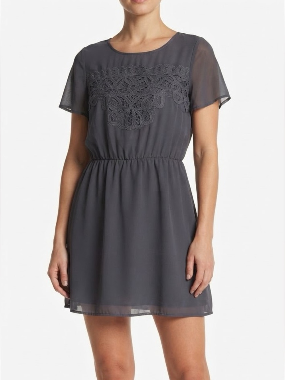 Maurices Lace Yoke Short Sleeve Dress in Gray Lined Size XL